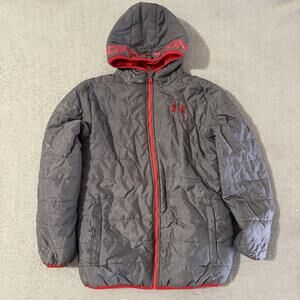 Under Armour Youth XL Puffer Jacket Gray Red Hooded Winter Coat Full Zip Warm